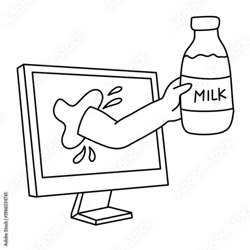 hand holding milk bottle coming out from computer screen monitor display