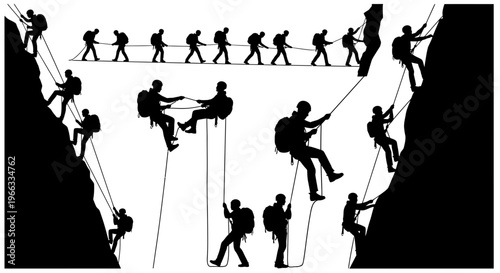 Silhouette Rock Climbing Adventure: Teamwork and Extreme Sports