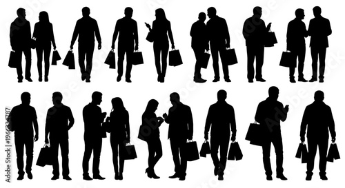 Silhouette shoppers with shopping bags and smartphones