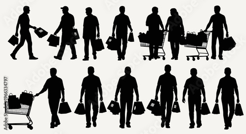 Silhouette shopping people with bags and carts