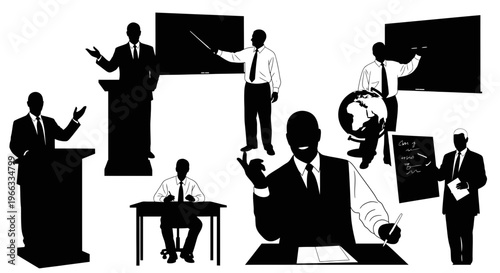 Silhouette teachers giving lectures and presentations in classrooms