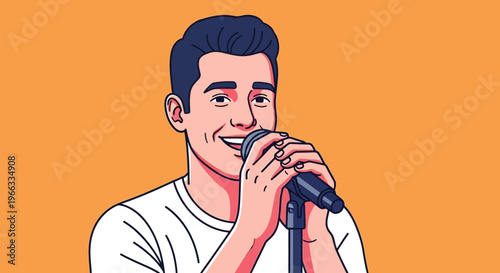 Smiling Man Singing into Microphone, Pop Art Style