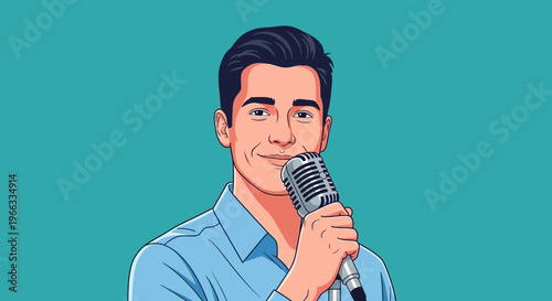 Smiling Man Holding Vintage Microphone, Podcaster or Singer Portrait