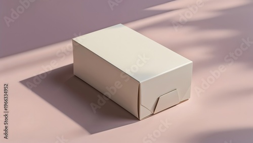 Minimalist blank white rectangular box mockup with soft natural light and shadows on a pastel pink background
