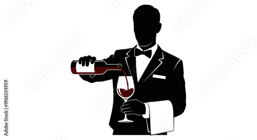 Sommelier pouring red wine into glass, elegant service, silhouette