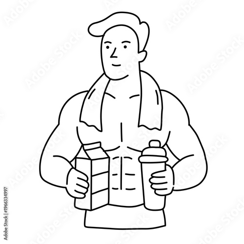 muscular man holding milk carton and shaker for fitness supplement preparation