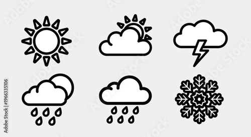 Weather Icons: Sun, Clouds, Rain, Lightning, Snowflake - Vector Graphics