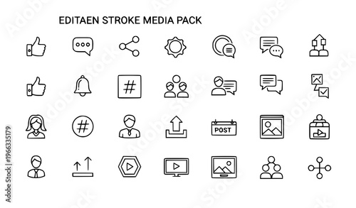 Social Media Line Icons Pack Editable Stroke Outline Vector Collection for Web and Mobile Apps