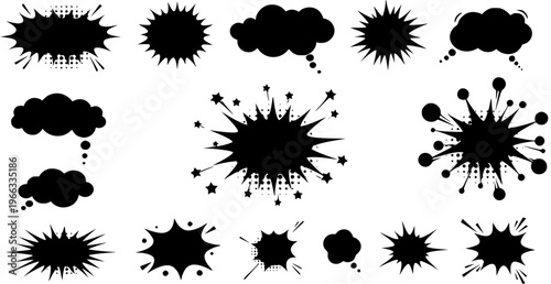 Comic Speech Bubbles, Explosion Bursts, and Thought Cloud Silhouettes Vector Set. Cartoon Pop Art Elements with Halftone Dots.