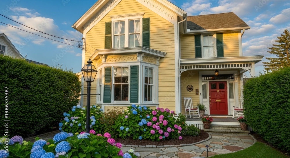 Fototapeta premium A charming yellow Victorian house with a bay window, a red door, and a lush garden with hydrangeas and other flowers.
