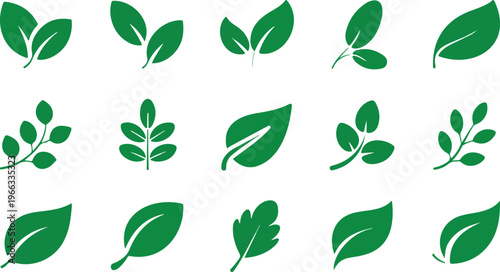 Flat green leaf icon collection in 3x5 grid with simple and multi-leaf shapes, curved edges, and consistent minimalist vector style