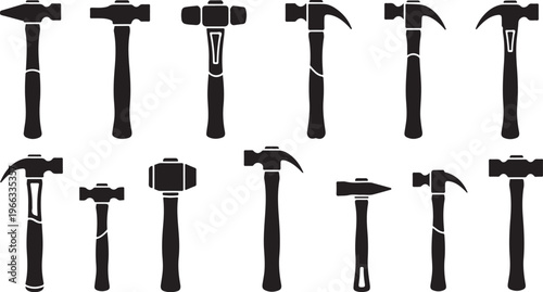 Collection of various hammer tools and equipment silhouettes