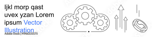 Technology innovation, cloud computing, digital solutions, financial growth, data processing, efficiency enhancement. Gears inside a cloud with upward arrows and coin. Technology innovation and cloud