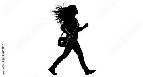Silhouette of a woman walking with a bag over her shoulder.