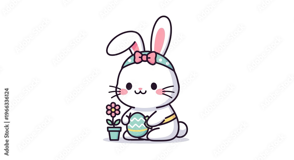 Fototapeta premium Cute cartoon white bunny wearing a bow holding an Easter egg next to a potted flower.