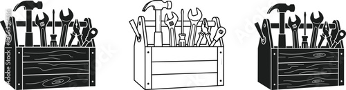 Toolbox with hand tools illustration featuring hammer wrench pliers and screwdriver in wooden box for repair maintenance carpentry and workshop equipment concept