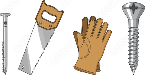 Carpentry tools illustration featuring nail screw hand saw and protective gloves for woodworking construction repair maintenance and DIY workshop equipment concept