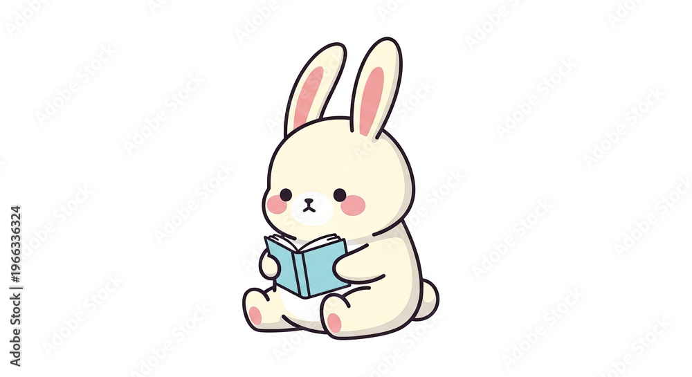 Fototapeta premium Cute cartoon bunny rabbit sitting and reading a small blue book with pink blush cheeks.