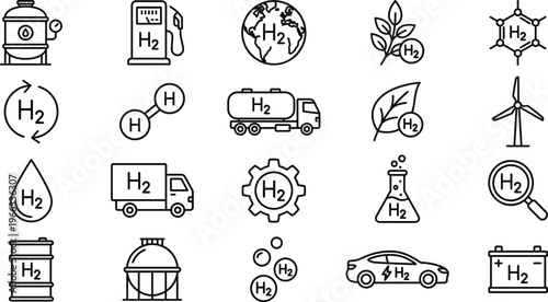 A collection of line icons depicts hydrogen energy sources infrastructure and its connection to a sustainable planet high-quality professional detailed
