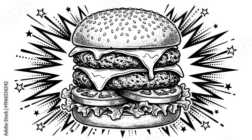 Double cheeseburger with melted cheese and lettuce vector illustration