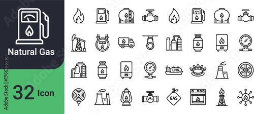 A collection of 32 black and white line icons representing various aspects of the natural gas and energy industry high-quality