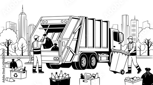 Workers collecting trash with a garbage truck in city