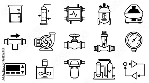 Industrial equipment and machinery vector graphic illustrations set