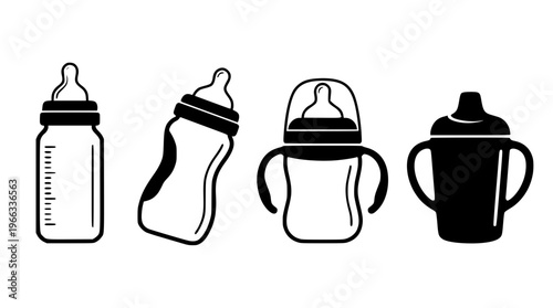 Four different baby bottles in a vector graphic illustration
