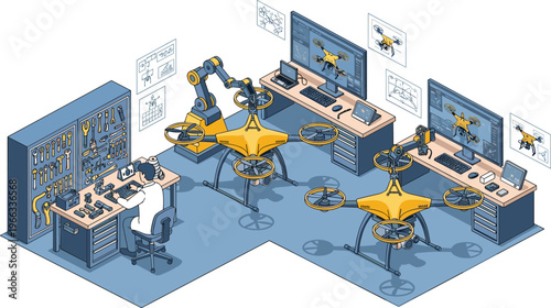 Drone assembly workshop with engineers designing and repairing quadcopter UAVs, robotics lab environment, technology innovation, maintenance and production process illustration