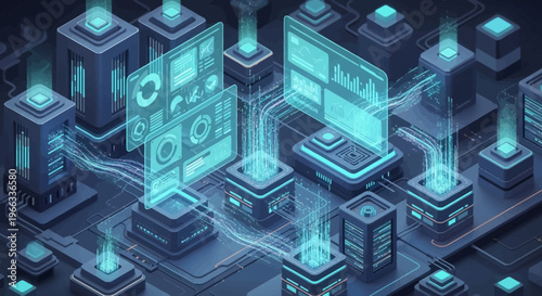 Glowing digital circuit board components.