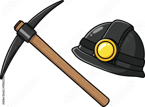 Mining tools illustration with pickaxe and safety helmet, industrial equipment for excavation work, construction and mining industry concept design