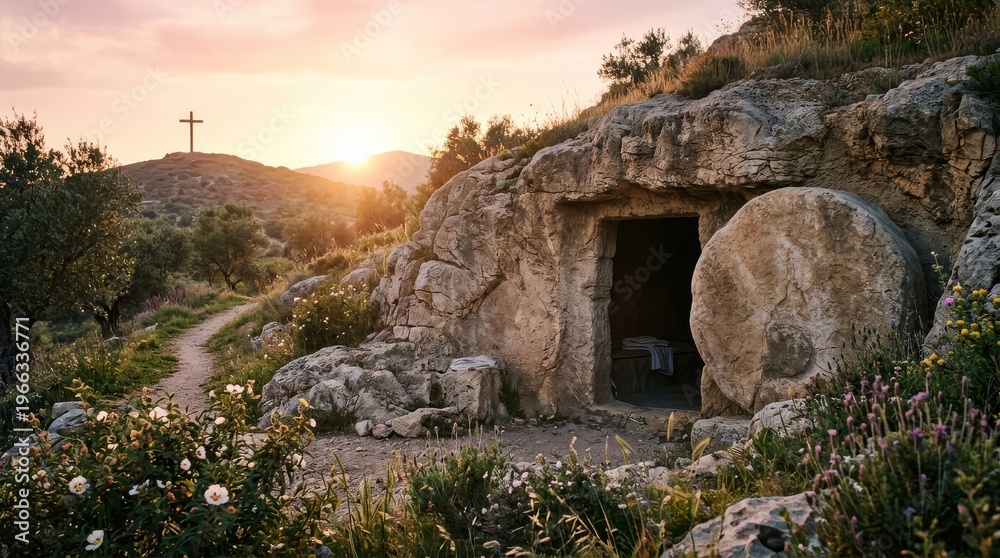 Obraz premium Empty ancient stone tomb with rolling stone moved aside revealing burial cloths inside at sunrise on rocky hillside with cross on distant peak symbolizing resurrection