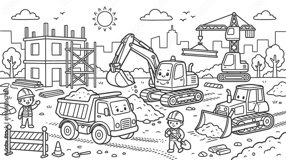 Fototapeta premium Construction vehicles and workers at site.