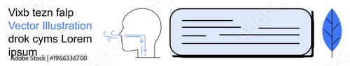 Healthcare, respiration, anatomy, information design, communication, natural science. Outline of human head, airflow text block and leaf. Healthcare and respiration concept