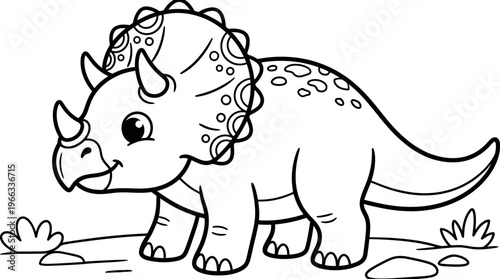 Cartoon Triceratops Dinosaur Walking Alone.