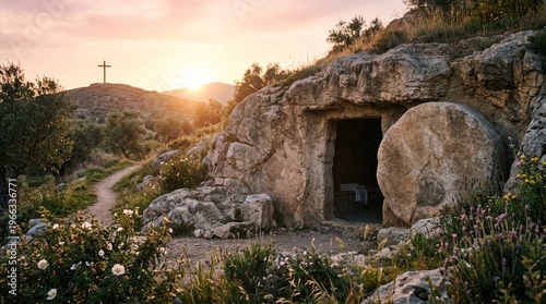Empty ancient stone tomb with rolling stone moved aside revealing burial cloths inside at sunrise on rocky hillside with cross on distant peak symbolizing resurrection