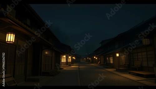 Ancient Japanese Village Night. Ancient Japanese village at night, wooden houses, soft lantern glow, calm cinematic atmosphere, empty environment 2
