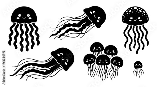Black and white vector illustration of smiling jellyfish designs