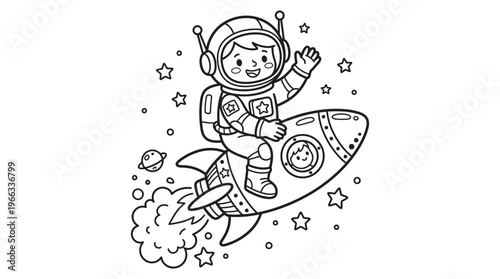 Astronaut Riding Rocket Ship Through Space.