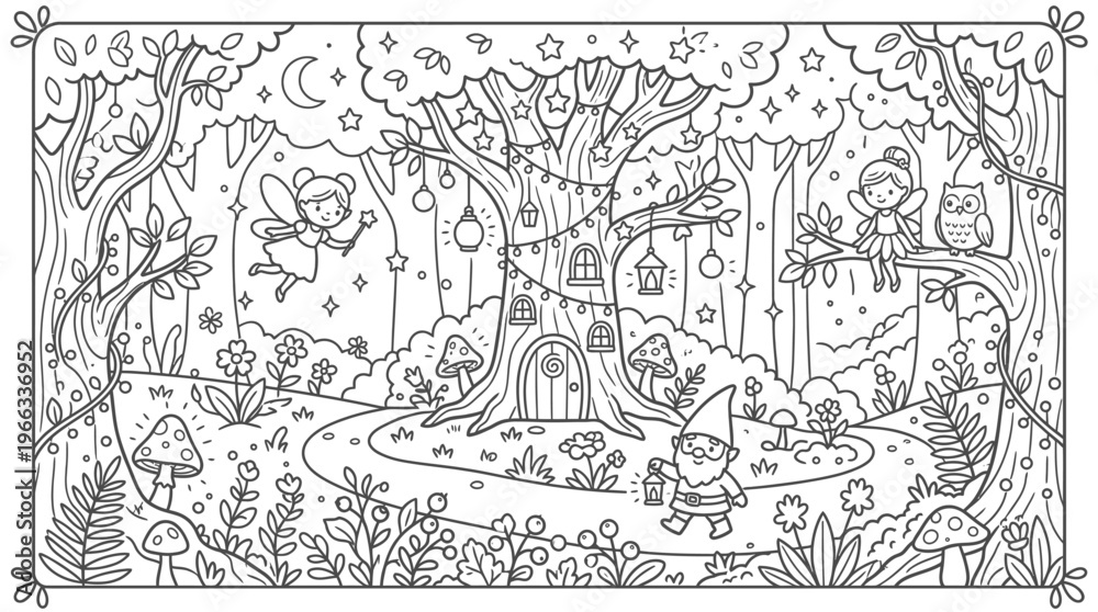 Obraz premium Whimsical fairy and gnome in an enchanted forest with a charming tree house and sparkling lanterns, isolated white background.