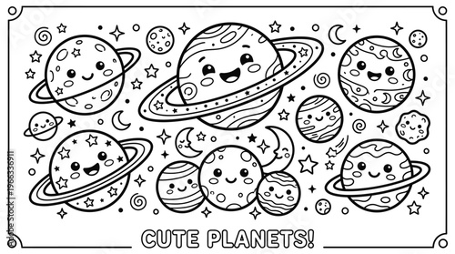 Cute cartoon planets with smiling faces.
