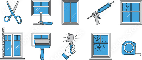 Window repair and installation tools set illustration with glass cutter, caulking gun, scraper, measuring tape, broken window frames and maintenance concept