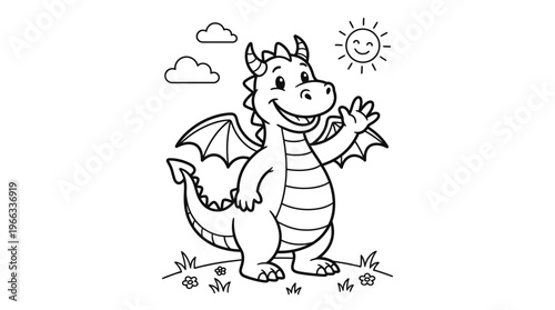 Cute Cartoon Dragon Waving Friendly.