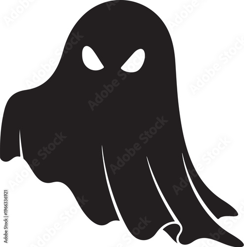Spooky black ghost with glowing eyes isolated on white