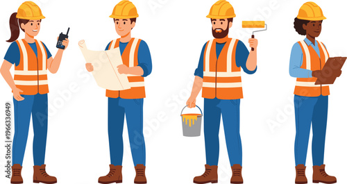 Cartoon construction workers set with safety helmets and tools, diverse builders holding blueprint, radio, paint roller, clipboard, engineering teamwork concept
