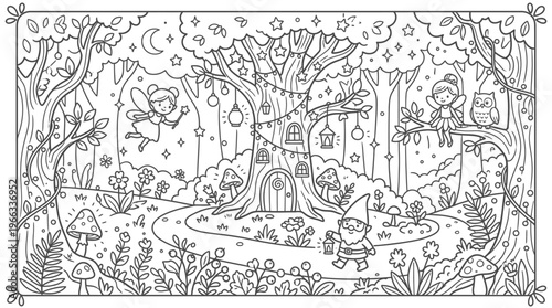 Whimsical fairy and gnome in an enchanted forest with a charming tree house and sparkling lanterns, isolated white background.