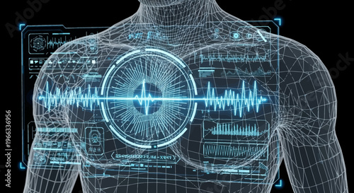 Human body with digital heart interface.