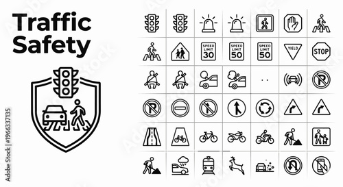 A comprehensive collection of minimalist black and white line art icons depicting various aspects of traffic safety, road rules, and transportation elements, including warning signs, regulatory symbol