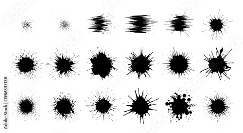 Black ink splatter and brush stroke collection isolated on white background
