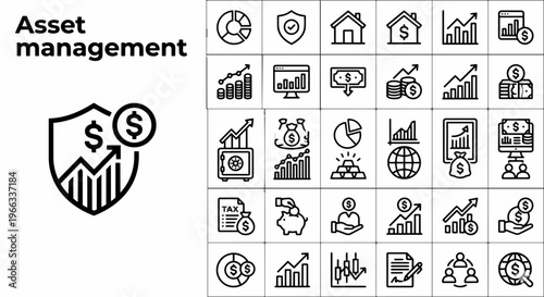 A comprehensive collection of modern black and white line icons representing various aspects of asset management, financial growth, investment strategies, and business security, perfect for digital in